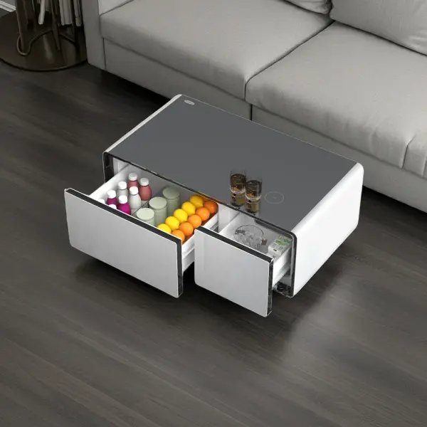Pro Smart Coffee Table with Dual Refrigerated Drawers, Wireless Charging & Bluetooth Speakers