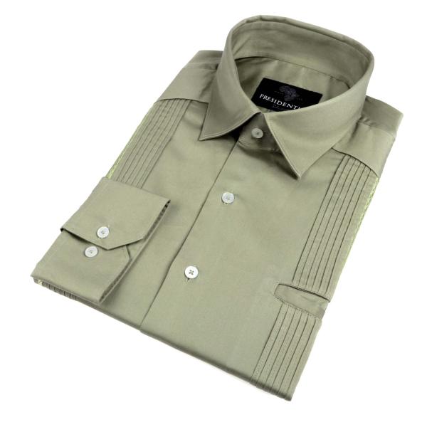 Olive Long Sleeve Cotton Sateen Embroidered Multi-Pocket Men’s Shirt