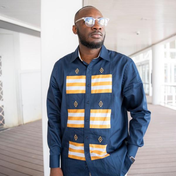 Front Stripe with Diamond Navy Long Sleeve Cotton Men’s Shirt