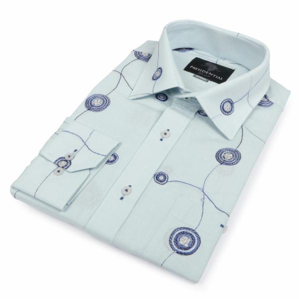 Embroidered Circle Blue Long Sleeve Linen Cotton Men’s Shirt