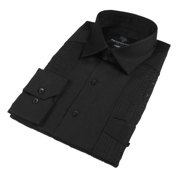 Black Long Sleeve Cotton Sateen Embroidered Multi-Pocket Men’s Shirt
