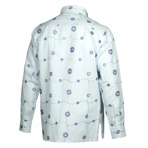 Embroidered Circle Blue Long Sleeve Linen Cotton Men’s Shirt