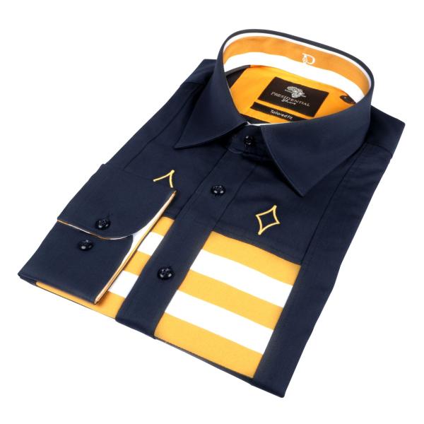 Front Stripe with Diamond Navy Long Sleeve Cotton Men’s Shirt