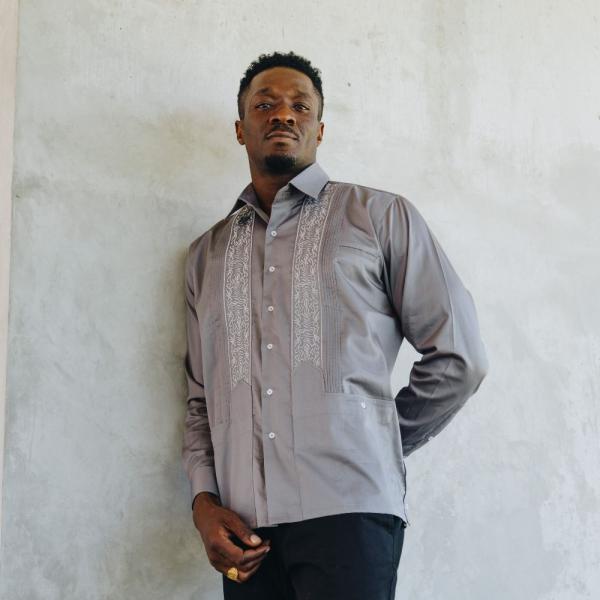 Charcoal Long Sleeve Cotton Sateen Embroidered Multi-Pocket Men’s Shirt