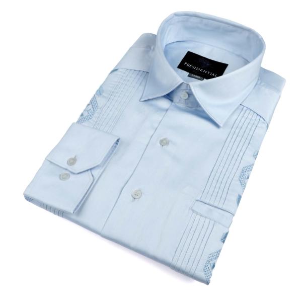 Light Blue Long Sleeve Cotton Sateen Embroidered Multi-Pocket Men’s Shirt