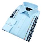 Checked Diamond Light Blue Long Sleeve Linen Cotton Men’s Shirt