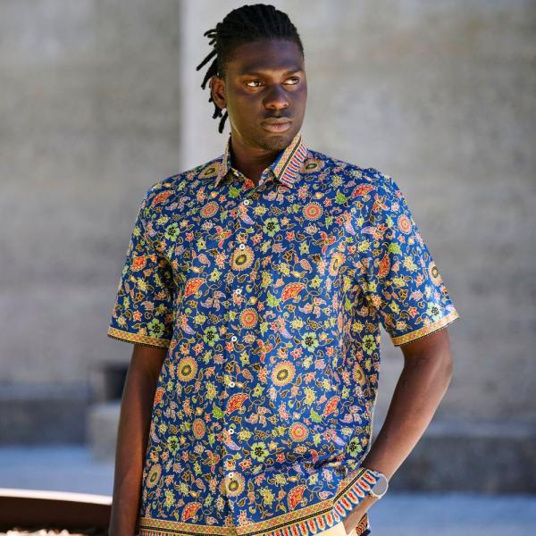 Swirling Hydrangea Flowers – Blue Printed Short Sleeve Men’s Shirt