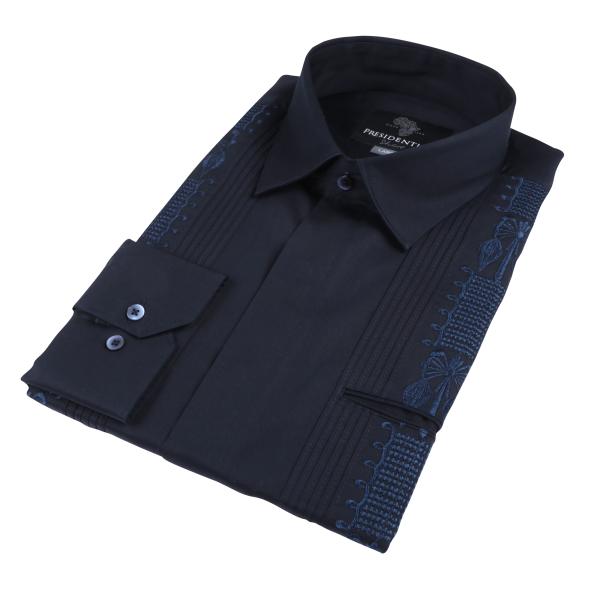 Navy Long Sleeve Cotton Sateen Embroidered Multi-Pocket Men’s Shirt