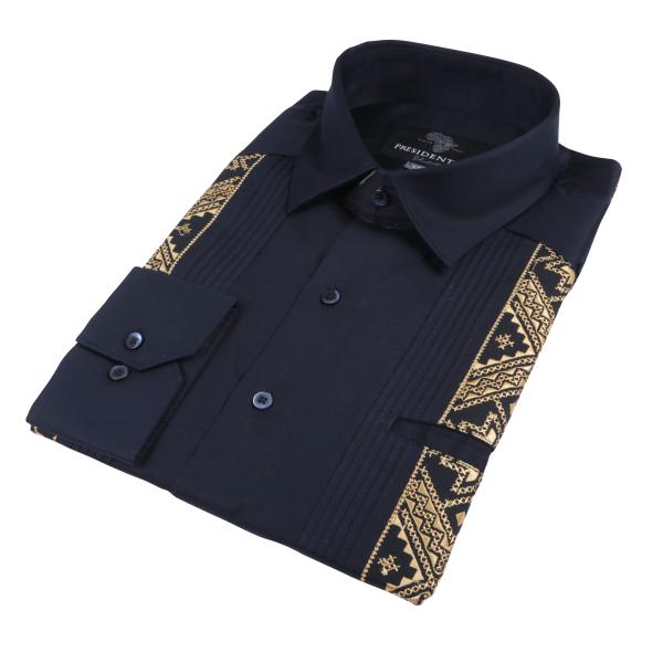 Navy/ Gold Long Sleeve Cotton Sateen Embroidered Multi-Pocket Men’s Shirt