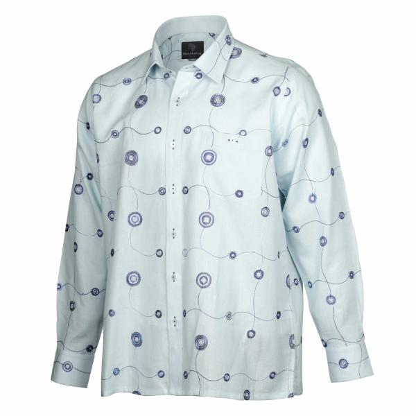 Embroidered Circle Blue Long Sleeve Linen Cotton Men’s Shirt