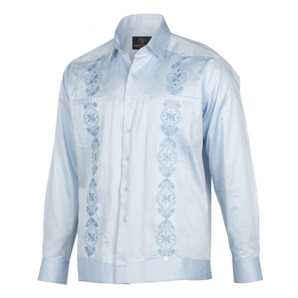 Light Blue Long Sleeve Cotton Sateen Embroidered Multi-Pocket Men’s Shirt