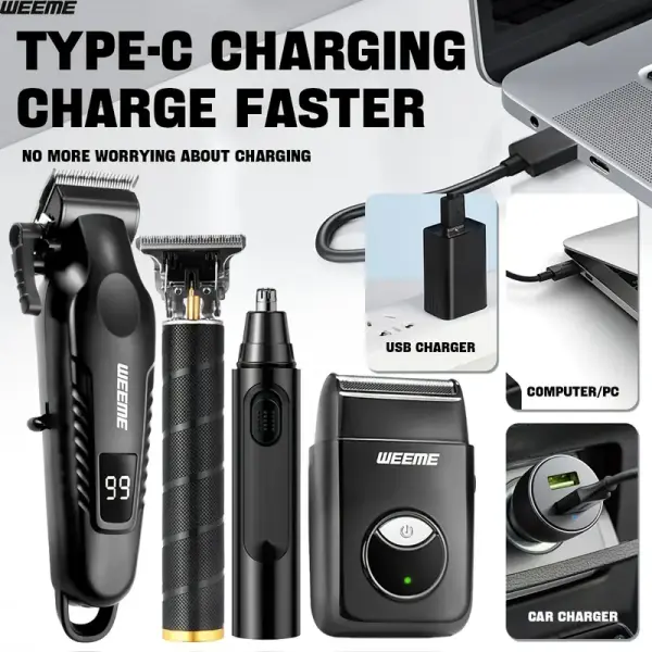 WEEME 4pcs Men's Facial Grooming Set – USB Rechargeable Hair Clipper, Trimmer & Razor