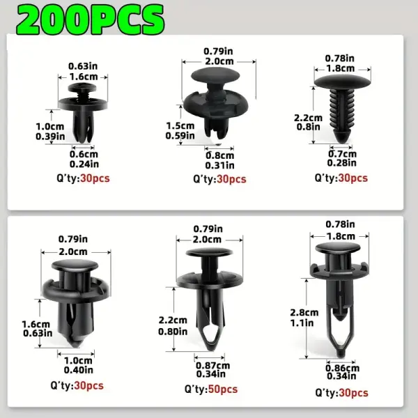 200pcs Universal Car Fixing Clips – Mixed 6–10mm Bumper Push Rivets for Auto Repair