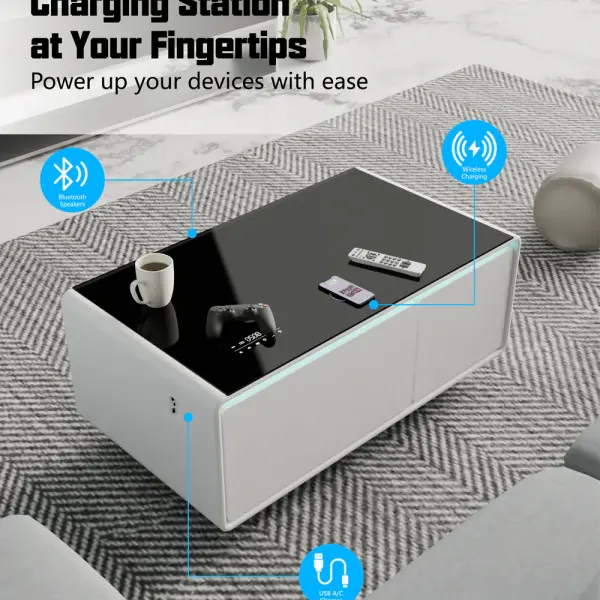 Pro Smart Coffee Table with Dual Refrigerated Drawers, Wireless Charging & Bluetooth Speakers