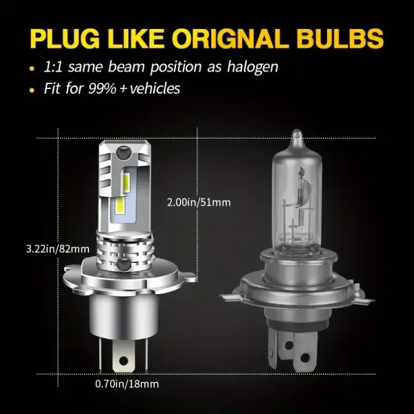 2pcs H4 9003 LED Headlight Bulbs – CSP Fanless, Canbus, High & Low Beam, 12V