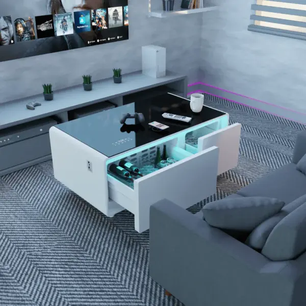 Pro Smart Coffee Table with Dual Refrigerated Drawers, Wireless Charging & Bluetooth Speakers