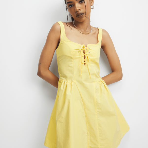 Women's Yellow Poplin Lace-Up Dress